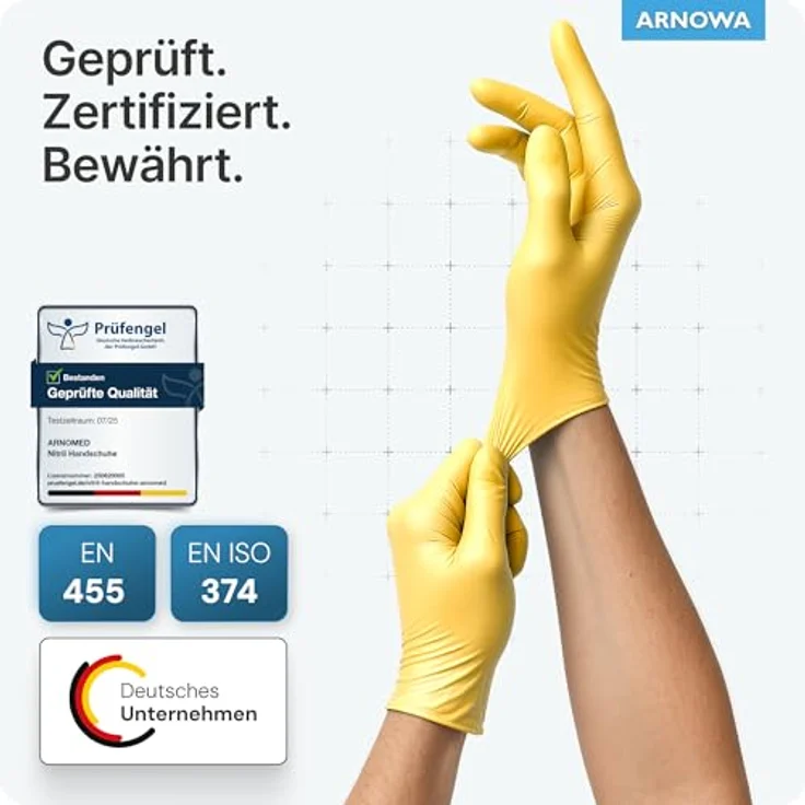 ARNOMED Einweghandschuhe Gelb, Nitrilhandschuhe M, puderfrei, latexfrei, lebensmittelecht, 100 Stück/Box – Bild 4