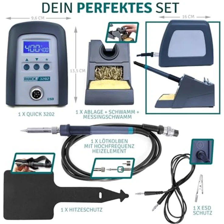 Quick 3202 Digital Regelbare ESD Hochfrequenz-Lötstation 90 Watt inkl. Lötkolben mit 1 mm Lötspitze und Zubehör- 100°-550°C-Kalibrierbar- 3 Festspeicher-Auto-Standby-Passwort - Schutz – Bild 4