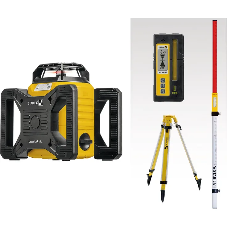 STABILA Rotationslaser LAR 160, 7-teil. Set, selbstnivellierend, hohe Nivelliergenauigkeit ± 0,1 mm/m, wasser- + staubdicht IP 65, inkl. Set-Receiver, Baustativ, Nivellierlatte, stabilem Tragekoffer