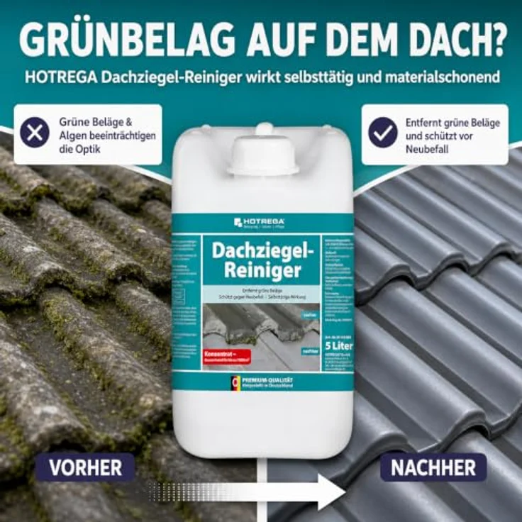 HOTREGA® Dachziegel Reiniger 5L, biologisch abbaubarer Grünbelagentferner für Beton-, Ton- und glasierte Dachziegel, säure- und chlorfrei, selbsttätig mit Langzeit-Schutz – Bild 3