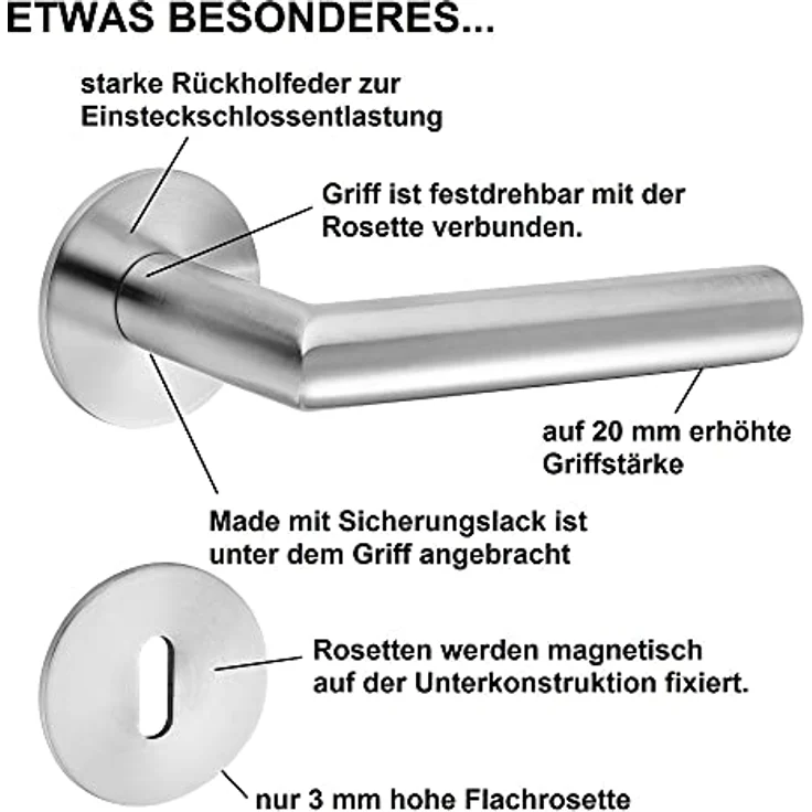 ck-türbeschläge Drückergarnitur New Orleans, V2A Edelstahl matt, 3 mm Magnet-Flachrosette, festdrehbare Lagerung, BB (Buntbart) – Bild 2