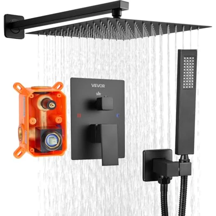 VEVOR Duscharmatur Regenduschsystem, 305 mm quadratischer Regenduschkopf & Handbrause, mattschwarz, wandmontierte Badezimmerarmaturen mit Messingventil & Zierset, hohe Wasserverteilung und verbesserte Temperaturregelung – Bild 1