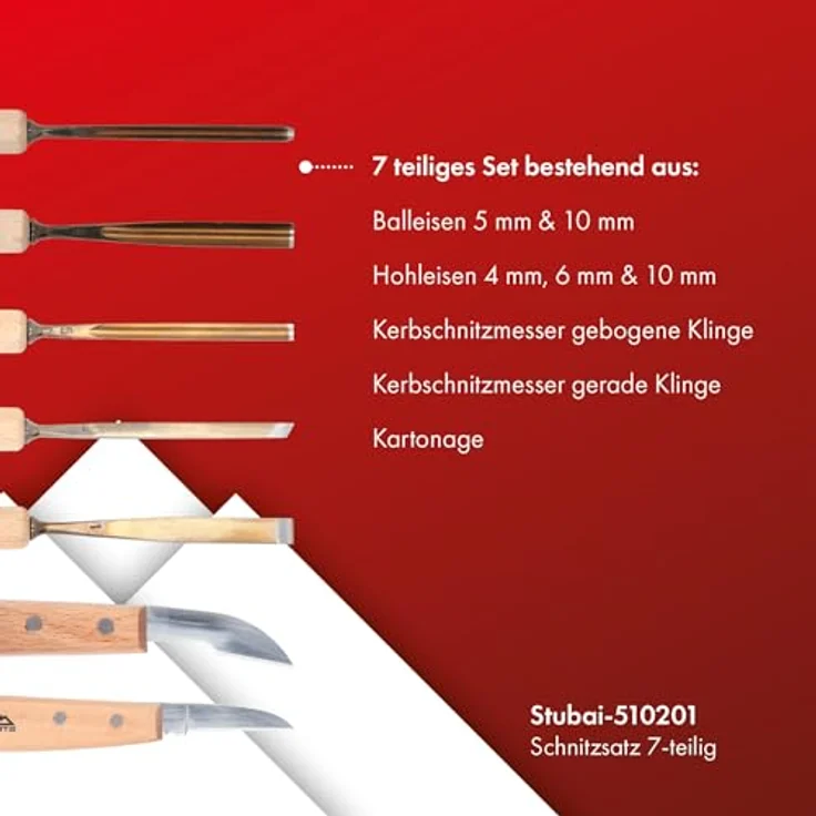 STUBAI Schnitzersatzset Kerbschnitzmesserset Serie 52, 7-teilig - Balleisen 5 mm & 10 mm + Hohleisen 4 mm, 6 mm & 10 mm + 2 Kerbschnitzmesser, Schnitzeisen mit Holzgriff, zur Bearbeitung von Holz – Bild 2