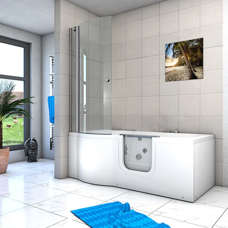 SeniorBad GmbH Seniorendusche und Wanne mit Whirlpool S12D-WP-R, Dusche 85x170cm, Sicherheitsverschluss und 4 Massage-Düsen