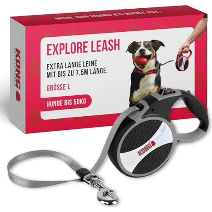 KONG Rollleine in 7,5m Länge für große Hunde bis 50kg, Größe L, Break & Lock System, grau – Bild 1