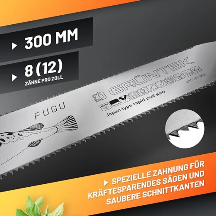 GRÜNTEK FUGU, Japan-Säge für Holz-Bearbeitung, doppelseitige Ryoba Zugsäge mit 300mm Carbon-Stahl Sägeblatt für Fein- und Grob-Schnitt – Bild 2
