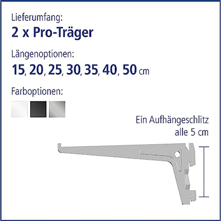 Element System 18133-00003 PRO-Träger Regalträger 1-reihig - 2 Stück - 7 Abmessungen - 3 Farben-L = 20 cm-weiß-für Regalsystem-Wandschiene – Bild 4