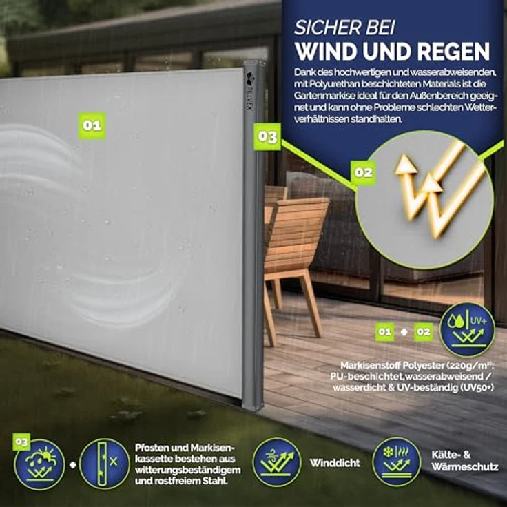 tillvex® Seitenmarkise 160 x 300 cm ausziehbar & Blickdicht | Sichtschutz für Balkon, Garten & Terrasse | Seitenrollo mit Wandhalterung | Sonnenschutz aus rostfreiem Stahl | Markise Windschutz – Bild 5