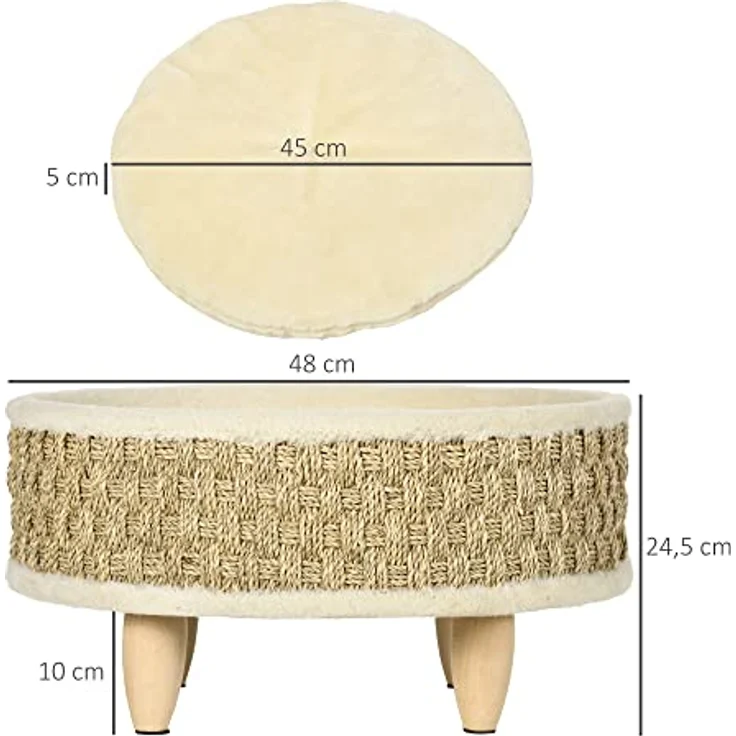 PawHut Erhöhtes Haustiersofa, Luxus katzensofa mit waschbarem Kissen, Haustierbett Hundeliege mit Seegrasseil und Holzbeine, Hundecouch, Rund, Indoor, Beige+Khaki, 48 x 48 x 24,5 cm – Bild 3