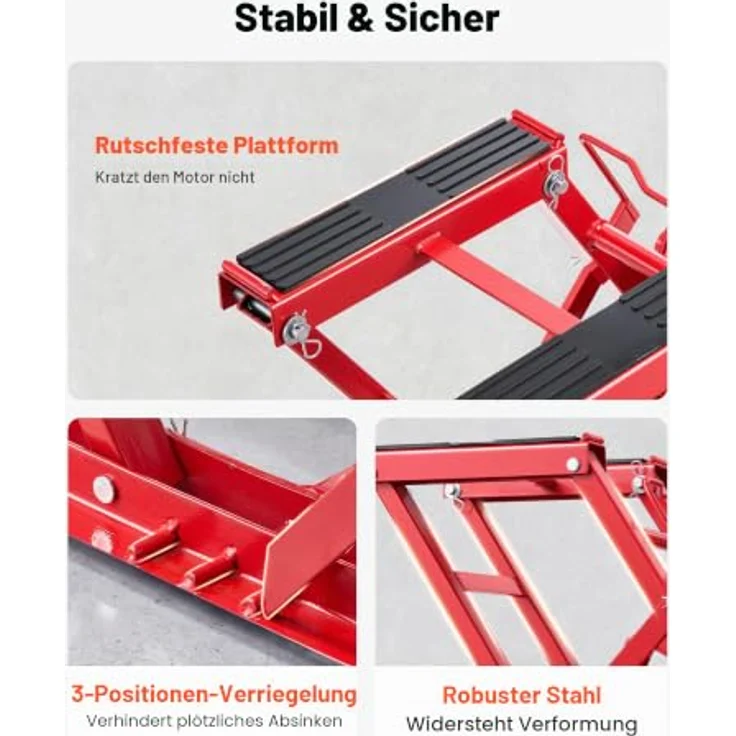 VEVOR Motorradhebebühne, Hydraulisch bis 680 kg, Höhenverstellbar 115–385 mm, mit 4 Rädern und Fußbedienung, Rot – Bild 5