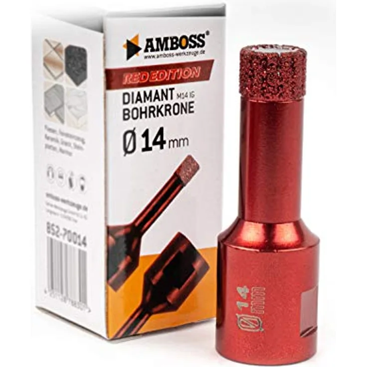 Amboss RED EDITION M14 Diamant Bohrkrone - für Winkelschleifer - Feinsteinzeug, harte Fliesen, Granit/Die ideale Trockenbohrkrone (Ø 14 mm)