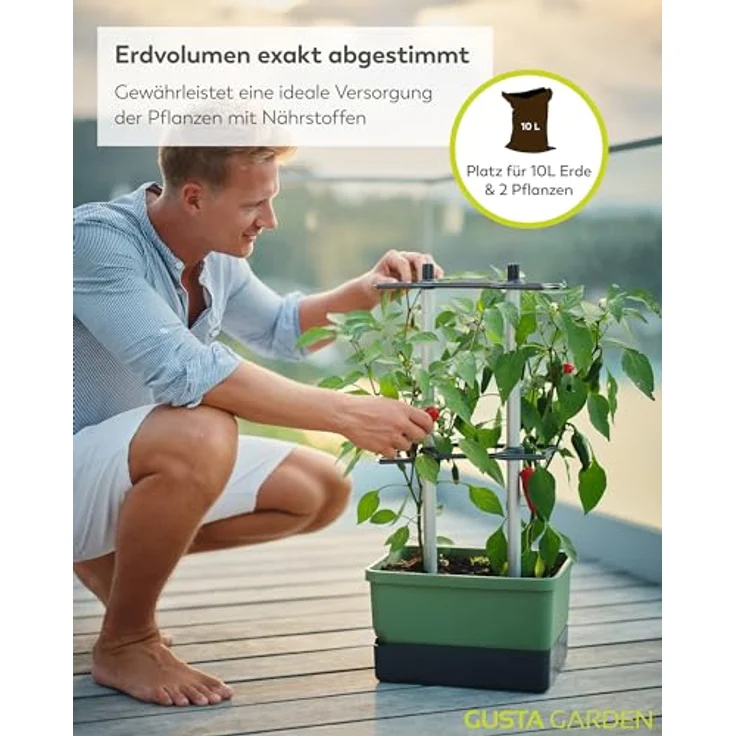 Gusta Garden Pflanzkübel CHARLY CHILI, mit automatischem Bewässerungssystem und stabiler Rankhilfe, Dunkelgrün – Bild 5