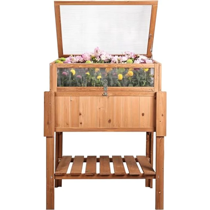 needs&wants® Großes Hochbeet mit Frühbeet-Aufsatz, Holz in braun, 90 x 60 x 118 cm, mit stabilem Tannenholz, feststellbarem Deckel und Stauraum für Gartenbedarf – Bild 2