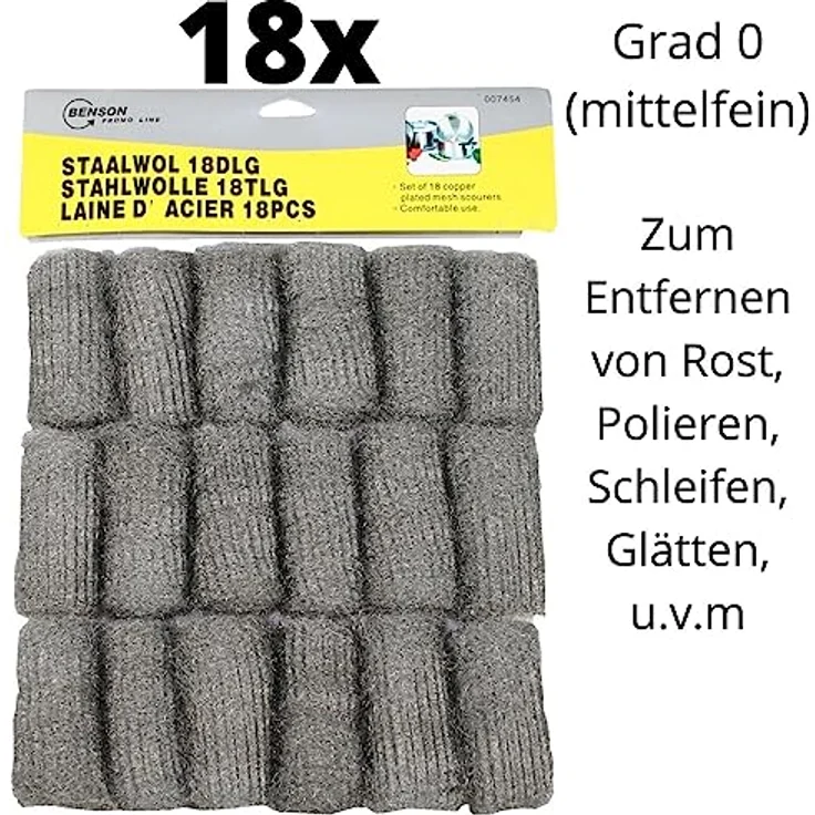 Benson Stahlwolle Grad 0, mittelfein Polierwolle für vielseitige Anwendungen, 18 Stück – Bild 2