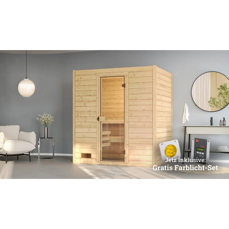weka Sauna Valida 2, BxTxH: 189 x 139 x 203,5 cm, 38 mm, (Set) 4,5 kW Bio-Ofen mit digitaler Steuerung, naturbelassenes Fichtenholz