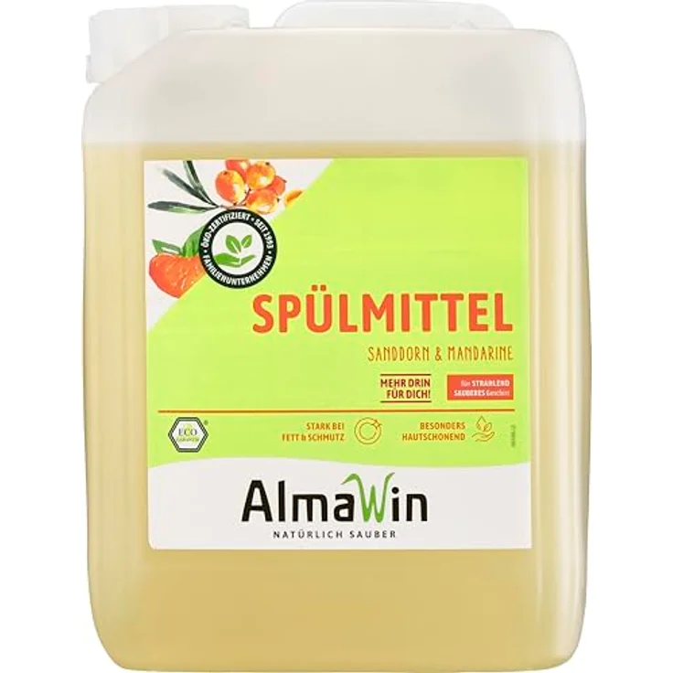 Almawin Spülmittel - Sanddorn Mandarine 5L, hochkonzentriertes Geschirrspülmittel mit fruchtigem Duft und hautmilden Weizenproteinen – Bild 1