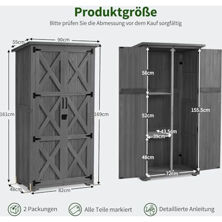 M MCombo Gartenschrank Holz, wetterfestes Gartenhaus für Außenbereich, 55×90×169cm, grau, mit 2 Ablageflächen und abschließbarem Riegel – Bild 3