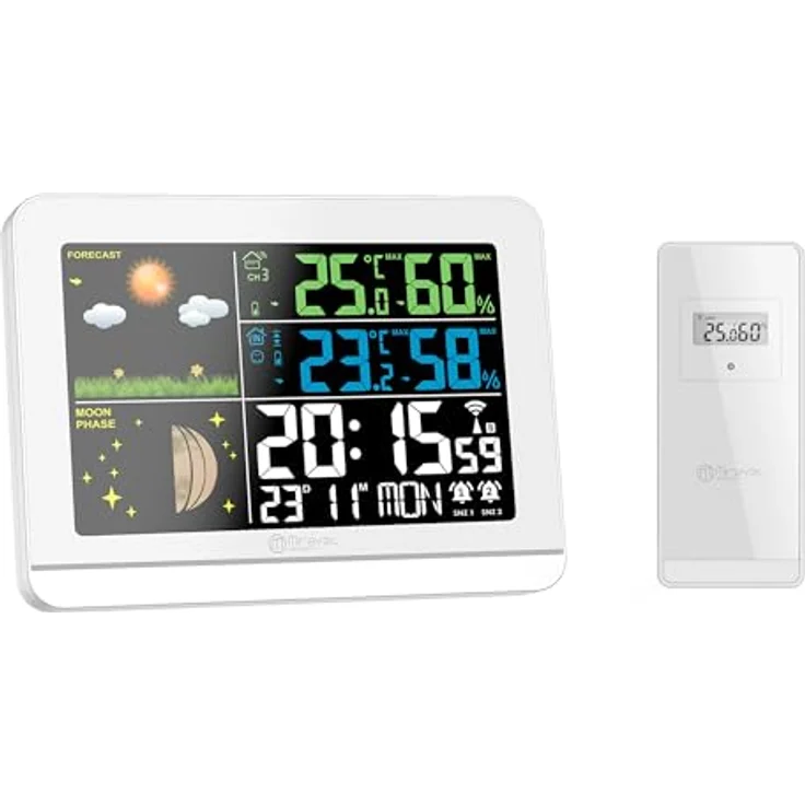 Miraval Funk-Wetterstation, Hygro- & Thermometer innen/außen mit Farbdisplay, Uhrzeit- und Datumsanzeige, 2 Alarme, Außensensor, 8 Sprachen einstellbar
