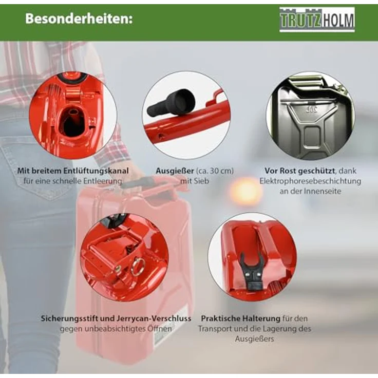TRUTZHOLM Metallkanister 20l Benzinkanister rot, mit flexiblem Ausgießer und Halterung, korrosionsbeständig, UN-zugelassen – Bild 4