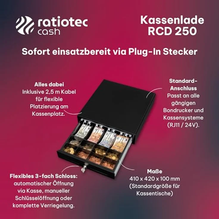 ratiotec RCD 250 Kassenschublade - Kassenlade mit 8 Münzfächern, 4 Banknotenfächern, 24V RJ-11 Anschluss, rollengelagerte Teleskopschienen, 3-Positionen-Schloss, Stahlgehäuse, 8 kg – Bild 5
