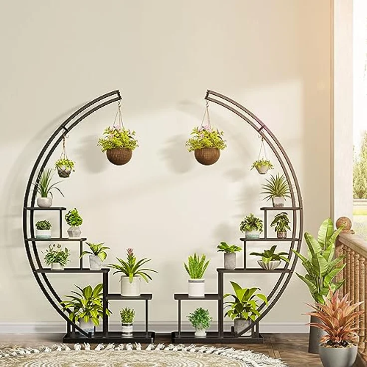 Ribelli 5-stufiger Metall-Pflanzenständer in Halbmondform 172cm, Pflanzenregal mit 5 Ablagen & Haken, Hoch Blumenständer Pflanzentreppe mit Kippschutz für Balkon Wohnzimmer Terrasse (1 Stück, Schwarz) – Bild 3