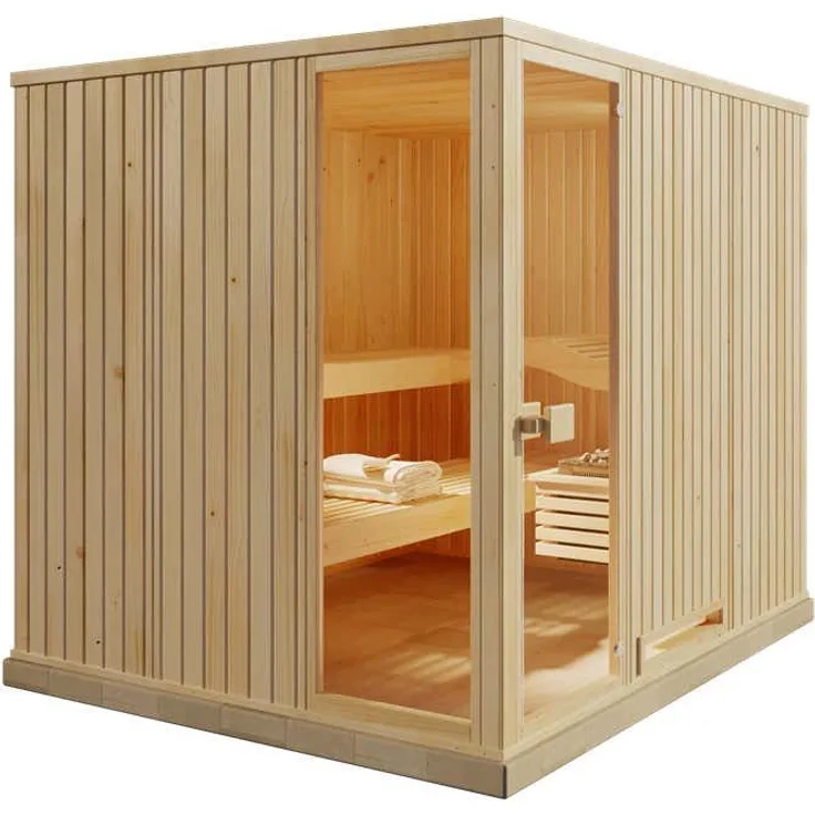 FinnTherm Sauna Innensauna Ergo Ausblick, 244 x 194 x 199 cm, ergonomische Schwungliege, Glaswand, Fichte