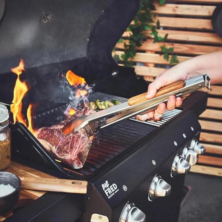 BURNHARD Lange Edelstahl Grillzange (45 cm) Akazien-Holzgriff, Grill-Zubehör, Aufhänge-Ösen – Bild 4