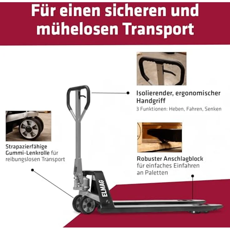 Elmag Handhubwagen HW 2500, Palettenwagen mit 2500 kg Tragkraft, 1150 mm Gabellänge, 540 mm Gabelbreite, Gummiräder & Polyurethan-Tandemrollen für mühelosen Transport – Bild 2