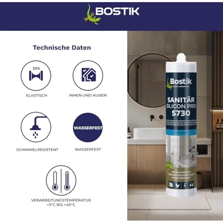 BOSTIK S730 Sanitär Silikon Pro, hochbeständig und wasserfest, schwarz, 300ml – Bild 3