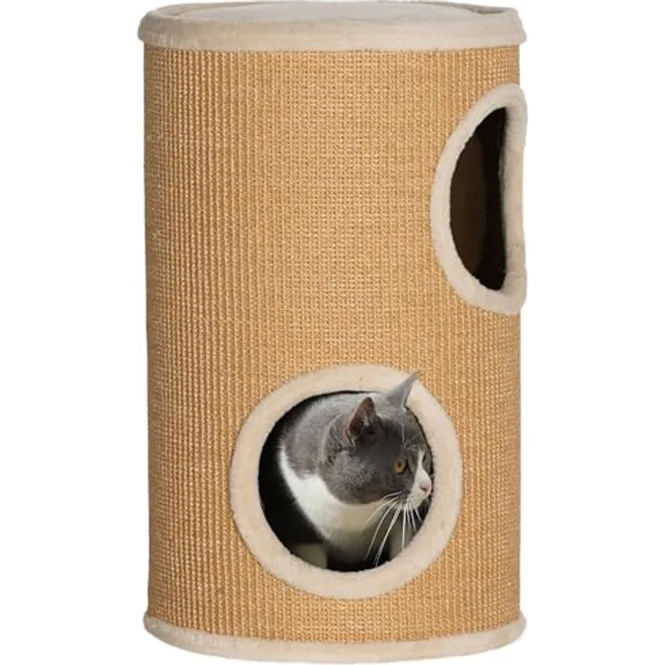 PawHut Kratztonne, 60 cm Hoch Katzentonne mit 2 Höhle, Kratzbaum, Katzenturm aus Sisal, für Katze bis 5 kg, Braun