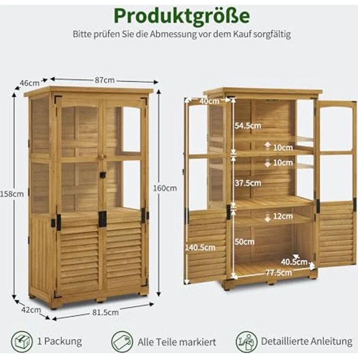 M MCombo Gartenschrank Holz 0120, Gerätehaus Wetterfest Klein, für Außenbereich, 87×46×160 cm, Natur - Preisvergleich – Bild 3