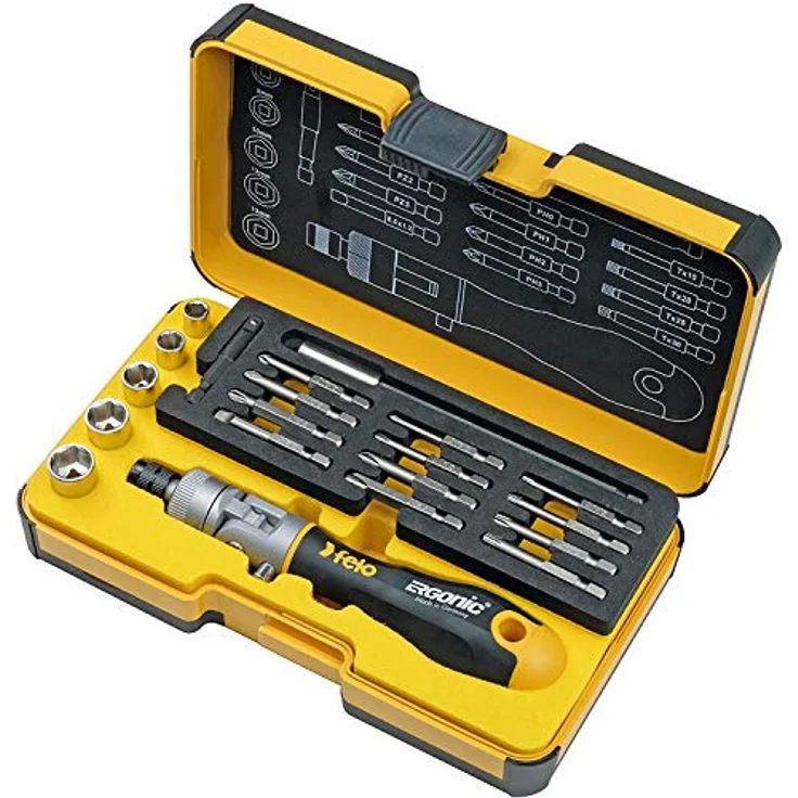 Felo ERGONIC K Box 20-teilig mit Ratsche/Knickschrauber, Bits & Steckschlüssel – Bild 1