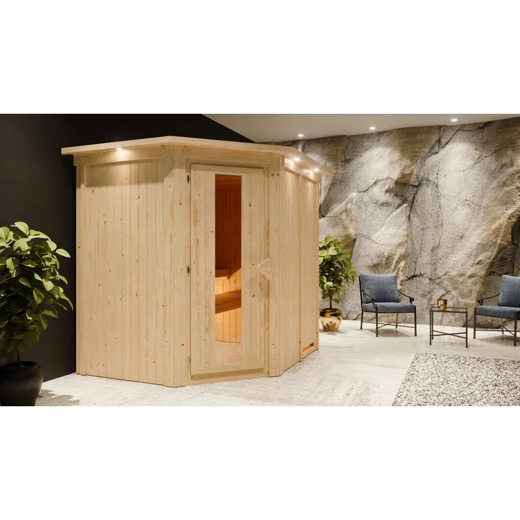 Karibu Sauna Siirin Eckeinstieg 9 kW Ofen 210x184x202 cm Dachkranz Energiespartür