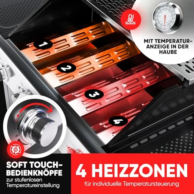 ProfiCook PC GG 1311, Gasgrill mit 4 Brennern, Temperaturen bis zu 450°C, gusseiserne Roste, Temperaturanzeige und Flaschenöffner – Bild 3