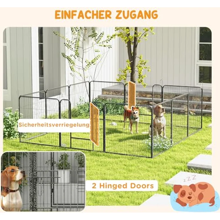 PawHut Welpenauslauf 80 cm Hoch, 12-TLG Welpenlaufstall mit 2 Tür, DIY Hundelaufstall Freilaufgehege für mittelgroße Hunde, Kaninchen, Meerschweinchen, Stahl, Grau – Bild 4