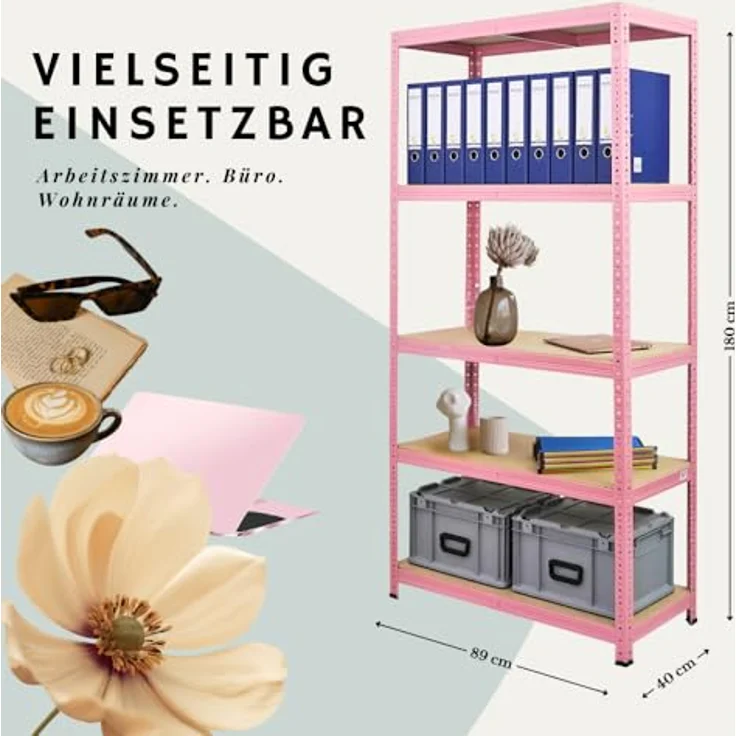 Proregal Schwerlastregal PINK LADY, 180 x 90 x 40 cm, Traglast 175 kg, 5 höhenverstellbare Böden, Rosa – Bild 2