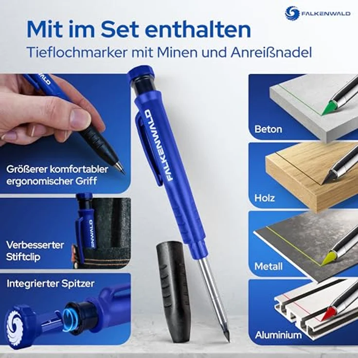 FALKENWALD® Zimmermannswinkel 180mm mit Schreibfläche und Tieflochmarker - Präzises Markieren auf Holz, Metall, Kunststoff, Beton - Anschlagwinkel mit metrischer Skala, abwischbarer Notizfläche - Geschenk für Männer – Bild 4