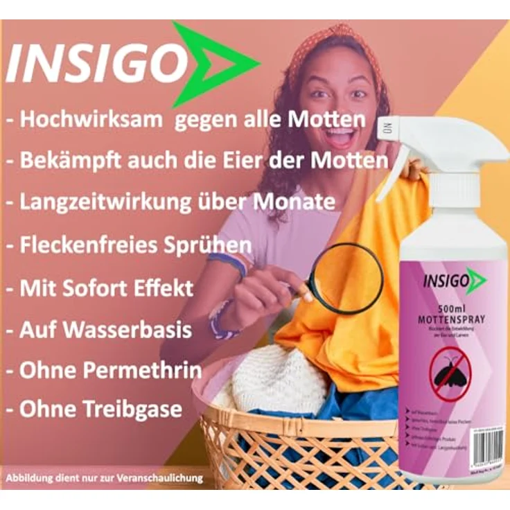 INSIGO Anti-Motten Spray 500ml | Hochwirksame Mottenbekämpfung auf Wasserbasis | Gegen Motten, Larven & Eier | Fleckenfreie Motten-Abwehr – Bild 5