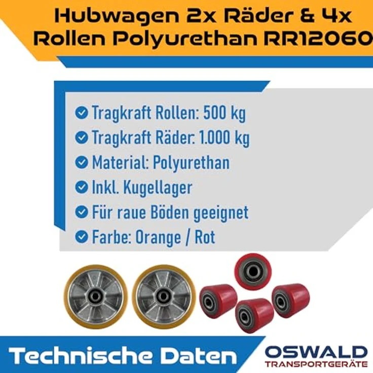 OSWALD Transportgeräte Gabelhubwagen Räder & Rollen Satz, Polyurethan Tandem, 2 Lenkräder & 4 Lastrollen, Tragkraft 750 kg, inkl. Kugellager – Bild 3