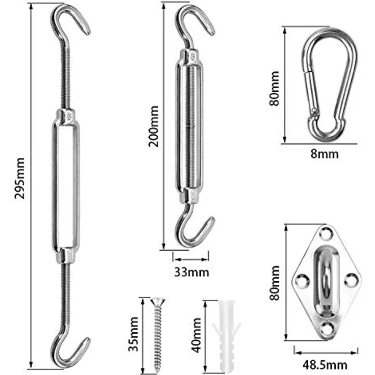 Sekey Sonnensegel Befestigungs Kit Zubehör Montage 8 Zoll, zur Befestigung von rechteckigen und quadratischen Sonnensegel, Karabiner Montageset aus Edelstahl, 40-teilig – Bild 2
