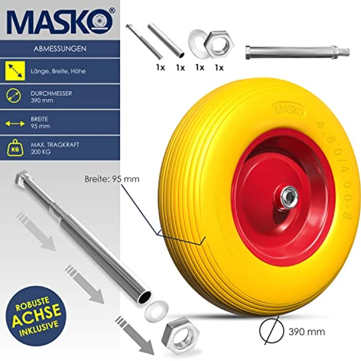 MASKO PU Schubkarrenrad Vollgummi 200 kg pannensicher 4.80-4.00-8 Ø 390mm inkl. Achse Ersatzrad Gummirad Stahlfelge Reifen pannensicher für Schubkarre Gartenkarren pannensicheres PU Rad Gelb - Rot – Bild 6