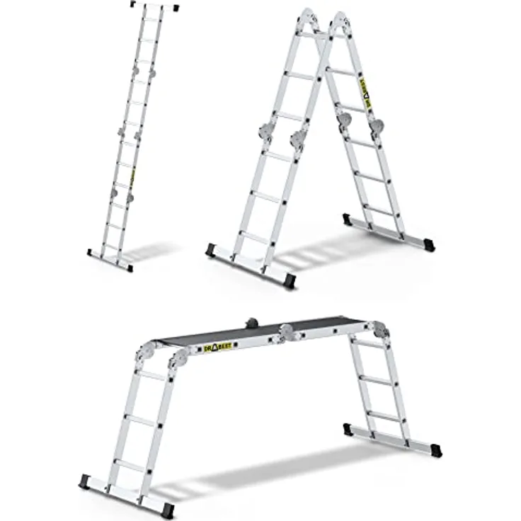 DRABEST Leiter PRO Serie Alu Leiter Gelenkleiter 4x3 mit Plattform Trittleiter Mehrzweckleiter Arbeitsgerüst Tritt Klappbar bis 150 kg belastbar