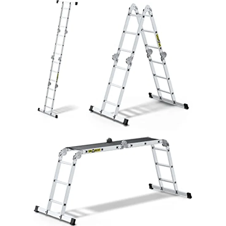 DRABEST Leiter PRO Serie Alu Leiter Gelenkleiter 4x3 mit Plattform Trittleiter Mehrzweckleiter Arbeitsgerüst Tritt Klappbar bis 150 kg belastbar – Bild 1