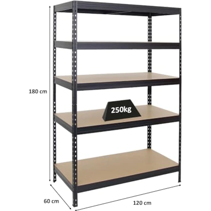 Proregal Schwerlastregal Rivet, 180 x 120 x 60 cm, Traglast 250 kg pro Boden, 5 verstellbare MDF-Böden, Stecksystem, Schwarz – Bild 2