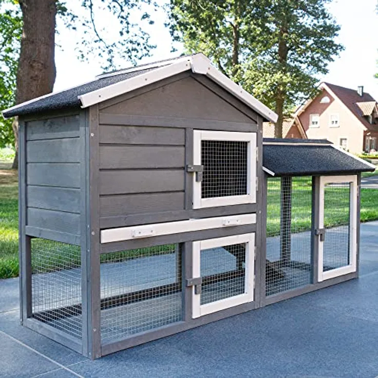 zooprinz Brandneuer Kaninchenstall, Hasenstall aus massivem Vollholz ideal für draußen mit großer Kotschublade - Natürliche Farben, Zweistöckig, Winterfest