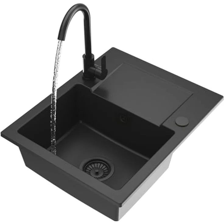 Granitan Spülbecken Milos 58,5x47,5 cm - Hitzebeständiges Waschbecken für Küche mit Küchenarmatur - Schwarze Granitspüle mit Zwei Löchern + Stopfen - Einbauspüle mit Siphon (Groß) – Bild 1