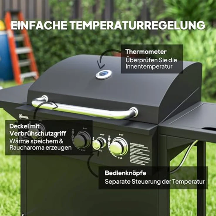 Outsunny Gasgrill BBQ 9,5 KW Grillwagen, 4 Brenner, Seitenkocher, 2 Heizzonen, Thermometer, 123x57x98 cm, für Balkon und Garten – Bild 4