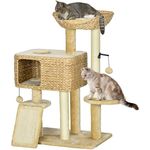PawHut Katzen Kratzbaum 98 cm mit Katzenhöhle und Kratzsäulen, Wasserhyazinthe und Sisal, Beige