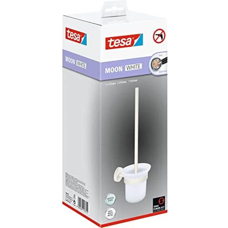 tesa MOON WHITE WC-Garnitur, Set mit Halter & WC-Bürste, matt weiß, satiniertes Glas - für Bäder im Industrial Style und moderne Badezimmer - bohrfrei, inkl. Klebelösung - 379 mm x 112 mm x 145 mm – Bild 2