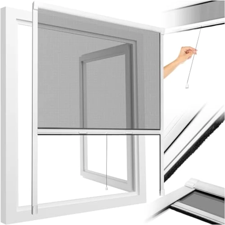 tectake Insektenschutz-Fensterrahmen Insektenschutzrollo, Aluminium, 130x160 cm, weißer Rahmen, schwarzes Moskitonetz – Bild 1